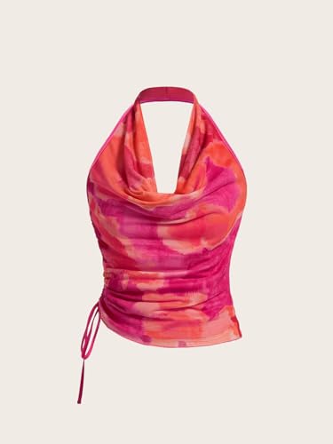 SHENHE Women's Tie Dye Halter Neck Draped Front Ruched Drawstring Backless Crop Top4