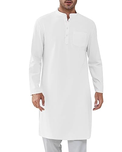 Gafeng Mens Kaftan Robe Button Down Long Sleeve Henley Cotton Thobe Casual Side Split Gown Shirt