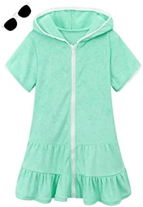 LUCKYGAL Girls Swimsuit Cover Up Zip-Up Swim Coverup Green Terry Beach Bathing Suit Robe, Size 8 9