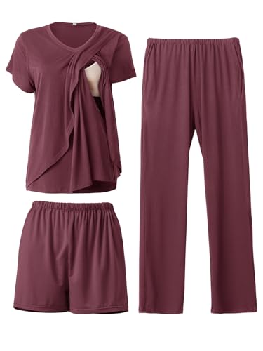 Image of Rnxrbb 3 PCS Nursing Pajamas Set Postpartum Pjs Breastfeeding Sleepwear for Women Double Layer with Pockets