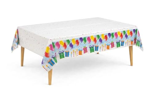Image of Party Dimensions Birthday Party Plastic Table Cover, Disposable Tablecloths with Balloons & Candles Design, 54 inch x 96 inch, 12-Pack, Perfect for Birthday Parties
