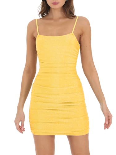 Image of Women Shimmer Ruched Dress Sexy Glitter Spaghetti Strap Mini Bodycon Party Dress Cocktail Dresses