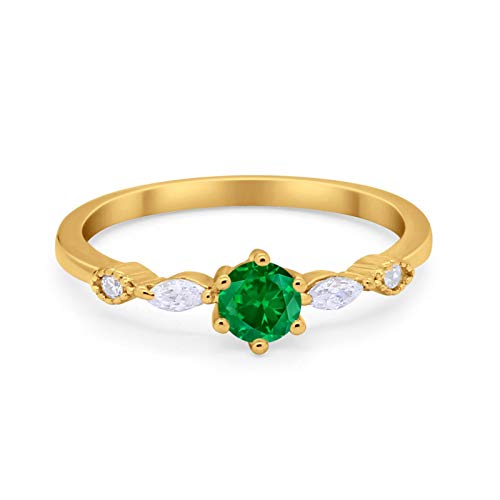Blue Apple Co. Petite Dainty Art Deco Wedding Engagement Ring Round Marquise Yellow Tone, Green Emerald Cubic Zirconia 925 Sterling Silver Size-7