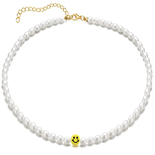 Smiley Face Pearl Choker for Women Y2k Necklaces Boho Beaded Necklace White Handmade Pearl necklace jewelry Smiley Face Necklace for teen girls (Smiling face)