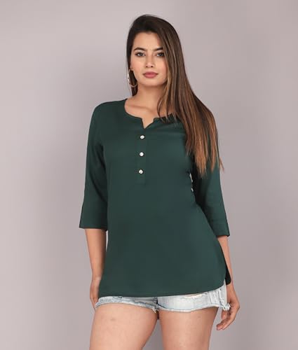 Image of Himanshi Enterprises Women's Traditional Casual 3 /4 Sleeves Mandarin Nack Rayon Solid Short Kurti