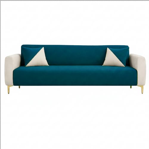 Image of Opera 3 Seater Fabric Sofa Set | Soft Velvet Upholstery, Sturdy Wooden Frame | Modern Sofa for Living Room, Hall & Office Spaces (Green Teal-Cream)
