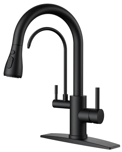 FORIOUS Black Kitchen Faucets with Water Filter, 2 in 1 Stainless Steel Pull Down Sink Faucet and Purfied Water Faucet High Arc Single Handle with Detachable Deck for 1 or 3 Hole
