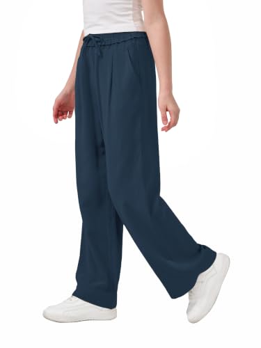Image of Rolanko Girls Wide Leg Linen Pants Breathable Flowy Palazzo Trousers for School Beach Daily Wear 9-15 Years