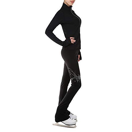 Calça de patinação artística com estampa de flores, calça de lã para meninas, calça preta para terno