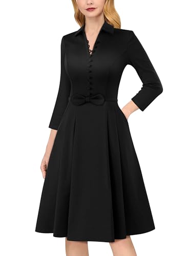 VFSHOW Womens 2024 Business Work Office Collar V Neck Bow Belted Pockets Buttons Slim Vintage Fit and Flare A Line Dress