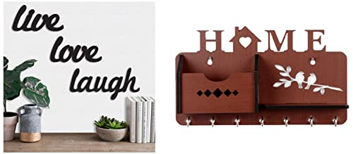Image of Sehaz Artworks Key Holder for Home | Wooden Key Stand for Wall | Key Hanger (7 Hooks, MDF Brown) & Art Street Live Love Laugh MDF Plaque Painted Cutout Ready to Hang Home Decor Wall Art, Black