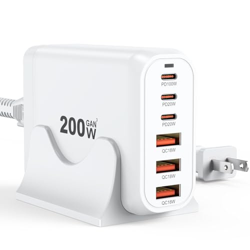 200W USB C Charger Block Multiple Ports, FEMORO GaN III USB Charging Station 6 Ports Hub, Multi Port for Laptop MacBook iPad iPhone 15 Galaxy Google Pixel Motorola Dell AirPods Switch