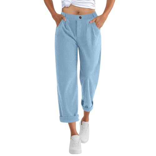Womens Fall Casual Corduroy Pants High Waist Button Straight Leg Beach Vacation Lounge Trousers with Pockets Light Blue