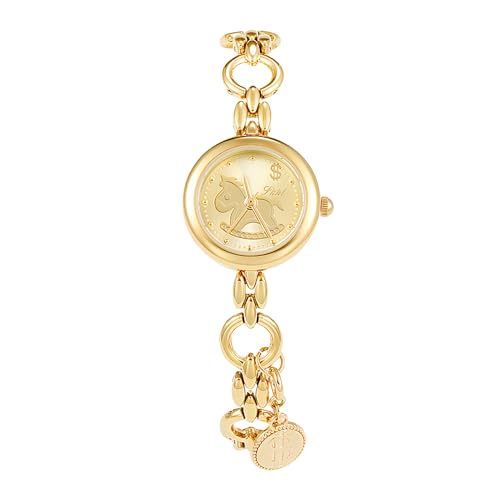 Womens Gold Silver Dainty Elegant Chain Bracelet Cute Pony Motif Luxury Quartz Watch Waterproof Fashion Dress Luxury Ladies Wristwatches (Gold)