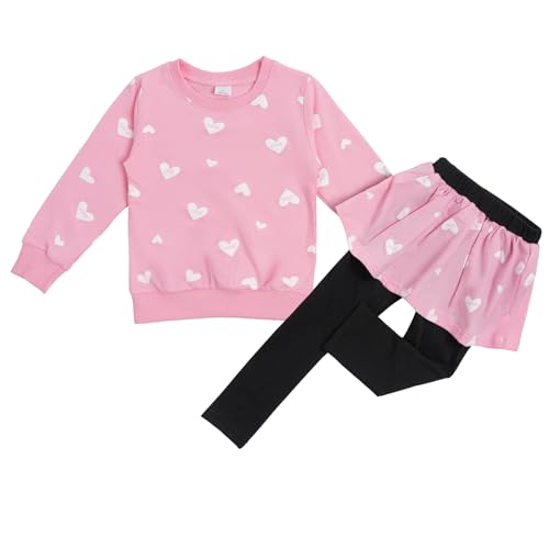 Image of Toddler Valentines Day Outfit Girl Valentines Outfit Heart Graphic Sweatshirts Tops Tutu Leggings with Skirt 3t-9t