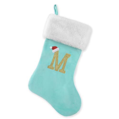 BELISHMIE 20-inch Personalized Mint Blue Faux Velvet Stocking with Embroidered Gold Letter – Luxurious Christmas Decoration and Gift, Plush Finish (Mint Blue-M)