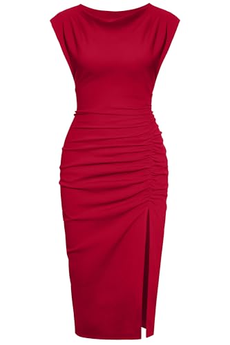 IHOT 2024 Women's Mock Neck Side Slit Ruched Bodycon Cocktail Party Wedding Guest Midi Dress