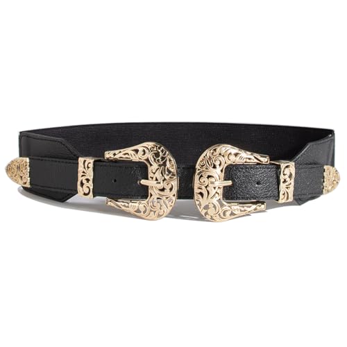 Double Buckle Belt for Women Western Cowgirl Cowboy Waist Belt Stretch Elastic Wide Waist Belt for Dress Shirt