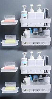 QXORE Bathroom Organiser Shelf for Wall Mounted Accessories,Plastic Bathroom Self Adhesive Shelves Without Drilling with Hanging Shelves- White (4 Shelf with 4 Soap Dish) (B0B577WDTN) Amazon Price History, Amazon Price Tracker