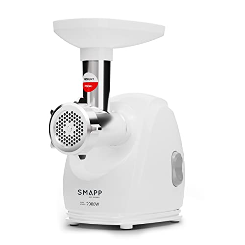 SMAPP 489.8 Picadora de carne eléctrica, 2000 W, color blanco, 3 discos perforados de acero inoxidable (2,7 mm, 4 mm, 8 mm), accesorio para salchichas, compacto y silencioso, patas antideslizantes