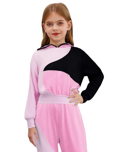 Kids Girls Color Block Hoodie Long Sleeve Hooded Pullover Sweatshirt for Play Workout Running