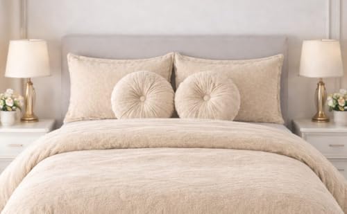 Image of Sands Luxurious 6Pc Bedding Set for Winter, 1 Double Duvet Cover,1 Double Bed bedsheet, 2 Pillow Covers, 2 Round Cushions, Ultra Soft Woollen Bedsheet Set- 90X100 inches (Beige)