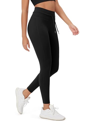 ODODOS Women's Drawstring Tie Leggings – 25" Inseam, High Waist Yoga & Workout Pants, Black, Medium