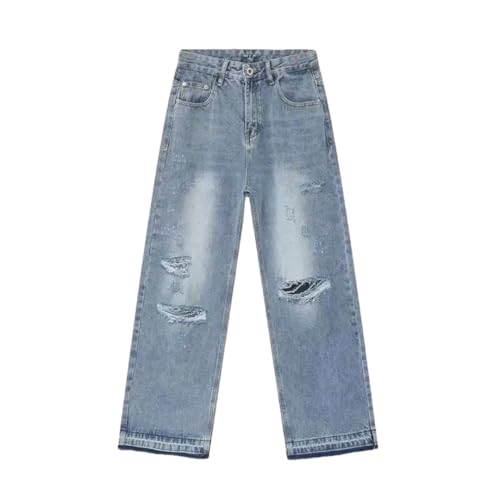 Men's Straight Jeans Worn-Out Hole Streetwear American Style Wide Leg Denim Pants