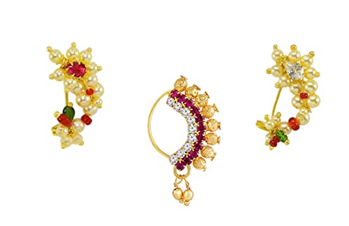 Image of Medium Size Traditional Maharashtrian Banu Nath Nose ring without piercing Pearl Gold Plated Nath Combo Clip On Nose Ring For Women