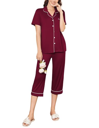 Image of Ekouaer Capri Pajamas for Women Short Sleeve Button Down Sleepwear Comfy Lounge Set 2-Piece Pants Pjs | Capri Pants With Pockets,Chest Pocket,Notch Collar,Contrast Pipings,Sleepwear For Home Loungwear,Wedding,Party&Breastfeeding