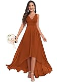 WIKGUI Chiffon Bridesmaid Dresses Burnt Orange V Neck Ruched Hi-Low Formal Evening Gown with Pockets for Women Size 8