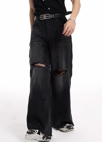 Mens Ripped Jeans High Waisted Streetwear Loose Wide Leg Distressed Denim Pants4