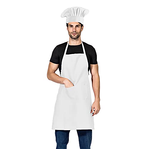 TSD STORY White Chef hat and Apron for Adults Men Women Cooking Grilling BBQ Kitchen Chef Apron and Butcher Hat Set (1 White)