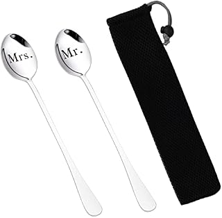 Wedding Valentines Gifts , 2Pcs Coffee Spoon Gifts Ice Cream Spoons Present Stainless Steel Silver Coffee Spoon for Him Her Christmas Birthday Valentines Day Wedding Gifts with Bag