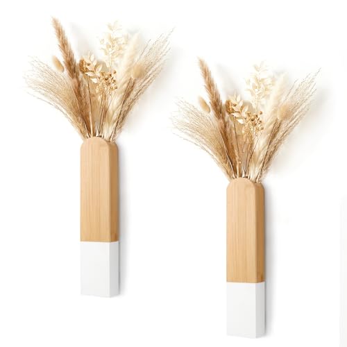2 Stück Holz-Wandvasen Set für Trockenblumen (Weiß und natürlich)