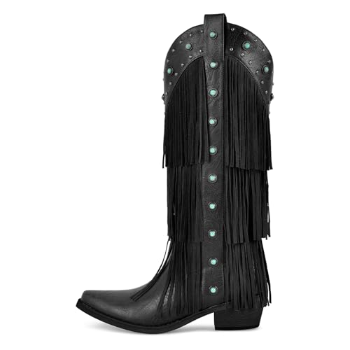 sexytag Fringe Western Cowboy Boots for Women with Tassals Turquoise Studs Embellishments Pointed Toe Cowgirl Knee High Boots2