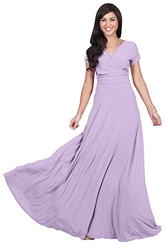 KOH KOH Womens Long Cap Short Sleeve V-Neck Flowy Cocktail Slimming Summer Sexy Casual Formal Sun Sundress Work Cute Gown Gowns Maxi Dress Dresses, Lilac Light Purple L 12-14
