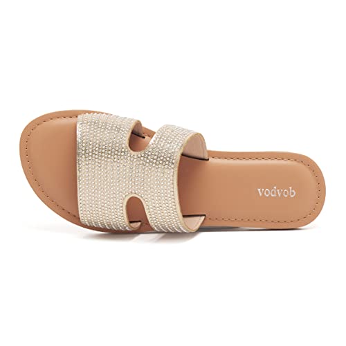 Vodvob Women's Slide Sandals Bling Rhinestone Pearl Flat Sandals Slip On Slides Open Toe Summer Slides #TOP1