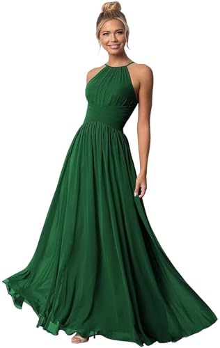 Clothfun Damen Neckholder Brautjungfernkleider Lang Chiffon Formelle Kleider Abend Party Kleid 2025, Grün , 34