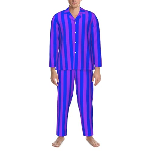 Blue And Purple Stripes Mens Pajamas Set Button Down Sleepwear Set Long Sleeve Loungewear With Pockets