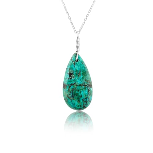 AURA GEMS Natural Chrysocolla Crystals Pendant Necklace, Chakra Energy Healing Gemstone, Real Crystal, Birthstone, Beautiful Women Simple Jewelry, Silver Plated Jewelry 18 inch