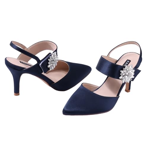 Image of ERIJUNOR Mid Heel Shoes for Women Pointed Toe Slingback Rhinestone Brooch Satin Dress Pumps Evening Prom Wedding Shoes