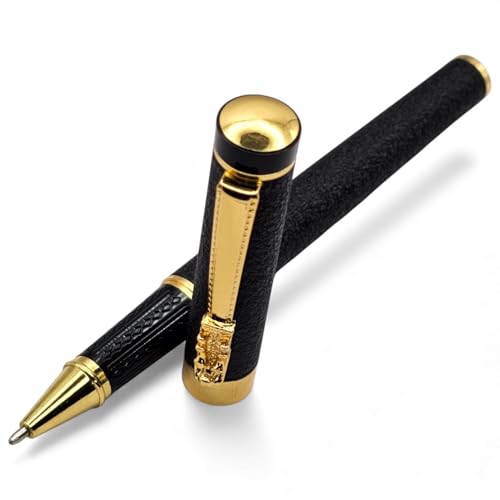 Image of Venti Gold Trim Roller Ball Pen| Black Body Color | Ink Color - Blue | Novel Gifts For Professionals | Premium Pens For Personal & Professional Use (833-Black, Blue)