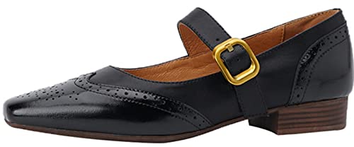 U-lite Women's Mary Jane Leather Flats Ballet Dress Shoes Square Toe Slip On Vintage Casual Style