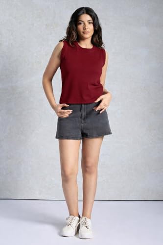 Image of Women's Black Ribbed Sleeveless Tank Top, Round Neck, Casual Everyday Wear