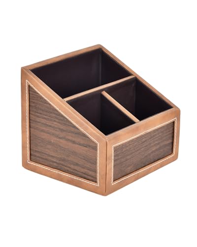 Image of Premsons Remote Holder - 3 Section Tabletop Organizer in Light Brown | Faux Leather with Refined Wooden Finish | Decorative & Practical Organizer - Tan