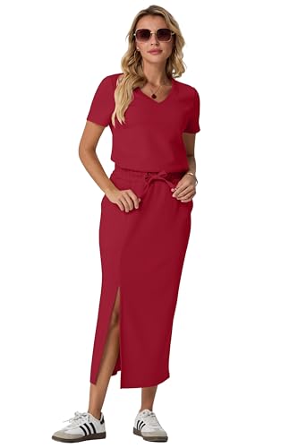 Image of GRECERELLE Women Summer Casual 2 Piece Sets V-Neck Wrinkle-Free Top & Elastic Waist Midi Side Slit Skirt with Pockets