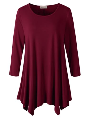 LARACE Plus Size Tops for Women 3/4 Sleeve Shirts Tunic Tops Loose Fit Basic Lady Clothes (1X, Wine Red)