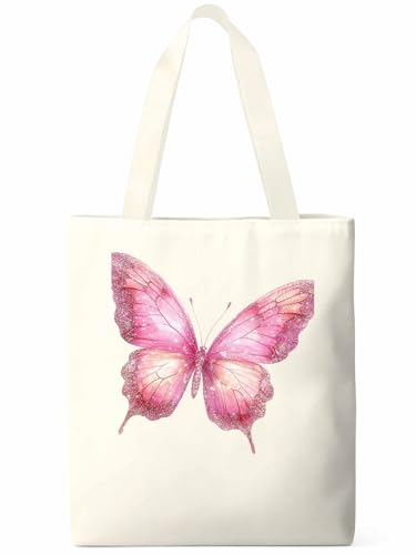 Canvas Tote Bag Fantasy Pink Butterfly Reusable Grocery Shopping Bag,Shoulder Tote Bags for Women Vacation Travel Work Gym