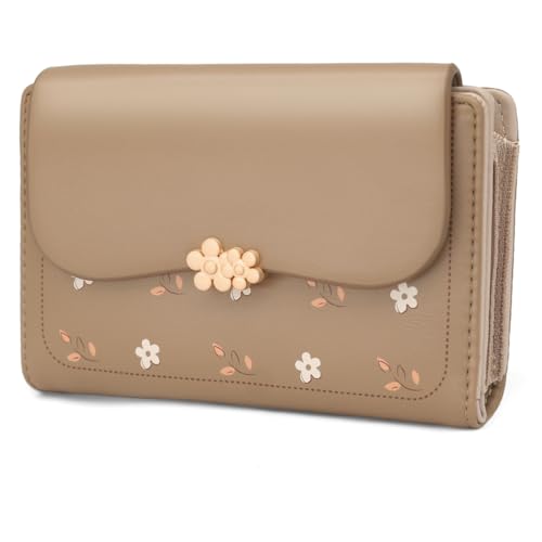 REETEE Cartera Mujer Cuero PU Monedero Mujer Pequeño Formato Corto Billeteras para Mujer con Cremallera Bolsillo Monederos y 10 Ranuras para Tarjetas (Marrón)